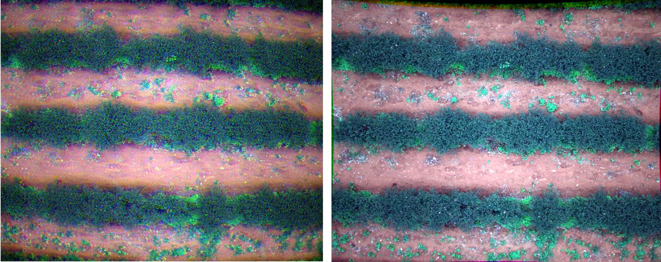 圖二、P4M影像匹配修正影像錯位以及透鏡畸變前(左)後(右)。