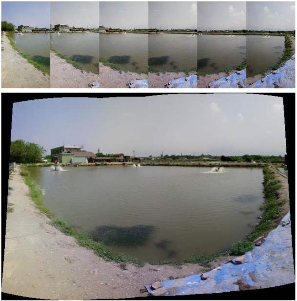 圖1、以多張影像涵蓋魚塭邊界全幅範圍並進行全景影像拼接