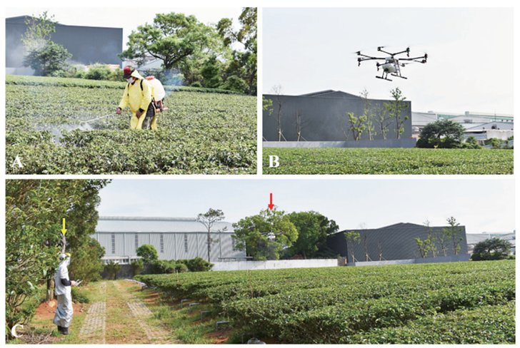 Figure 3. Compared to traditional chemical sprays that expose workers to pesticides (figure A), managing pests and diseases with drones that administer chemicals at fixed speeds, heights, and amounts (figure B) decreases the risk of worker exposure to pesticides.